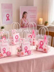 6pcs Breast Cancer Awareness Gift Bags With Pink Ribbon Pins&Bow Pink Ribbon Party Transparent PVC Gift Wrapping Bags With Handle For Breast Cancer Awareness Month Charity Party Favors - Clear - View 3