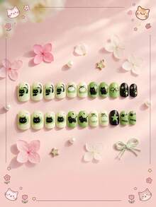 24pcs Y2K Style Children's Press-On Fake Nails, Green Apple + Cute Black Cat Theme Sweet & Cool Wearable Nails, Made Of Acrylic Material, Pre-Coated Gel, Full Coverage, Shiny Cute Patterns Including Green Apples, Fish Bones, Cute Kittens, Stars, Hearts And Other Small Decorations, Simple Yet Designed, Full Of Childhood Atmosphere. Full Coverage Small Nail Tips, Suitable For Girls' Gifts, Birthday Parties And Makeup Decoration - Multicolor - View 1
