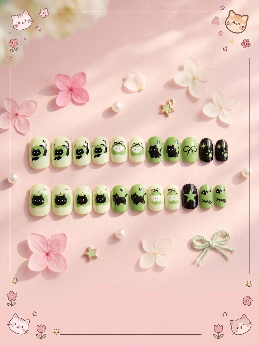 24pcs Y2K Style Children's Press-On Fake Nails, Green Apple + Cute Black Cat Theme Sweet & Cool Wearable Nails, Made Of Acrylic Material, Pre-Coated Gel, Full Coverage, Shiny Cute Patterns Including Green Apples, Fish Bones, Cute Kittens, Stars, Hearts And Other Small Decorations, Simple Yet Designed, Full Of Childhood Atmosphere. Full Coverage Small Nail Tips, Suitable For Girls' Gifts, Birthday Parties And Makeup Decoration - Multicolor - View 1