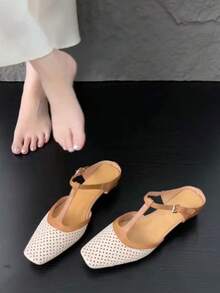 Zapatos con hebilla de cuero PU de unicolor básico vintage, adecuados para playa, boda, fiesta, oficina, exterior, hogar, primavera y verano - Beis - Ver 4