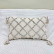 1個幾何條紋刺繡抱枕套，極簡Ins風聚酯纖維雪尼爾面料圈紗刺繡枕套，適用於客廳臥室沙發汽車枕頭更換套，居家裝飾 - 米色網格 - 查看 8