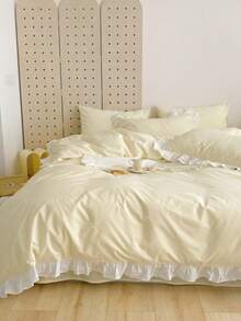 Yellow Creamy Girl Style Ruffle Edge Skin-Friendly Brushed Duvet Cover Set 3pcs (1*Duvet Cover+2*Pillowcases), Suitable For Bedroom, Guest Room, All Seasons, Machine Washable - Yellow - View 9