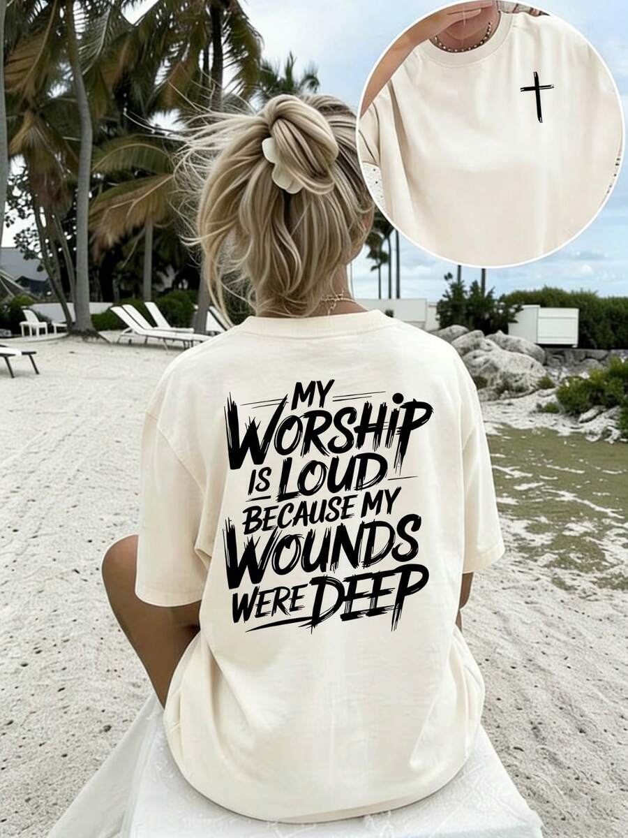 Women's Minimalist Casual T-Shirt With Double-Sided Inspirational Bible Message Graphic, Versatile Top To Pair With White Shorts And Lightweight Trousers - 杏色 - 查看 1