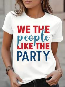 Women's Short-Sleeved T-Shirt With Round Neck And "We The People Like The Party" Print, Ideal For Casual Wear And Festive Occasions, With Comfortable Fabric, Suitable For Gifting, 180g. - 白色 - 查看 1