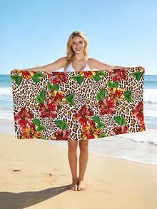 1pc Leopard Print Beach Towel, Fashion Leopard Floral Beach Towel, Microfiber Absorbent, Quick-Drying Beach Towel, Large Sand-Proof Beach Mat, Suitable For Vacation, Camping, Swimming, Bathroom, Summer Vacation Essential, Holiday Party Essential, Multi-Functional Beach Swimming Accessory - Coffee Brown - View 9
