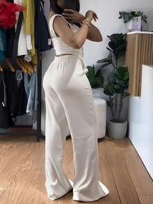 New Women's European And American Style Outfit, Fitted Crop Top With Straps And Wide-Leg Pants, Elegant And Casual Look For Curvy Women - 天藍色 - 查看 2