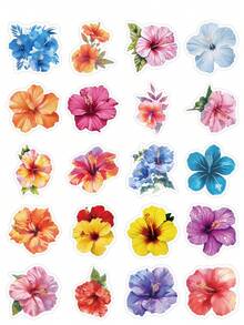 50Pcs Watercolor Tropical Hibiscus Flower Stickers, Vibrant Multicolor Hawaiian Floral Decals For Water Bottle, Laptop, Luggage & Junk Journal DIY Decor - Multicolor - View 7