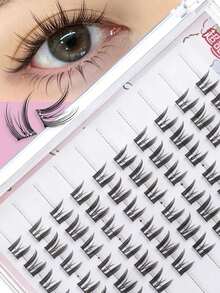 60pcs Cartoon Cat Ear Design Glue-Free Natural Style False Eyelashes, Manga Eyelashes, Fairy Eyelashes, Angel Eyelashes, Invisible Band Cluster Wild Cat Eyelashes, Cluster False Eyelashes, Suitable For Travel, Beach Vacation, Camping, Suitable For Eyelash Extension, Suitable For Slouchy People, Beauty Bloggers, Wedding Gifts, Mother's Day Gifts - View 2