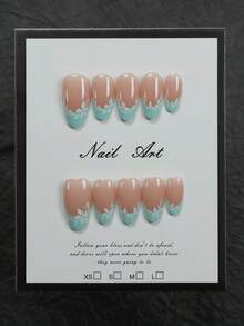 Short Almond 10PCS Handmade Press-On False Nails | Nude Mint Green French Hand-Painted White Flower Press-On Nails | With 1 Set Manicure Tools | Handmade False Nails | Fresh Forest Style | Youthful & Versatile | For Students & Office Workers - Multicolor - View 3
