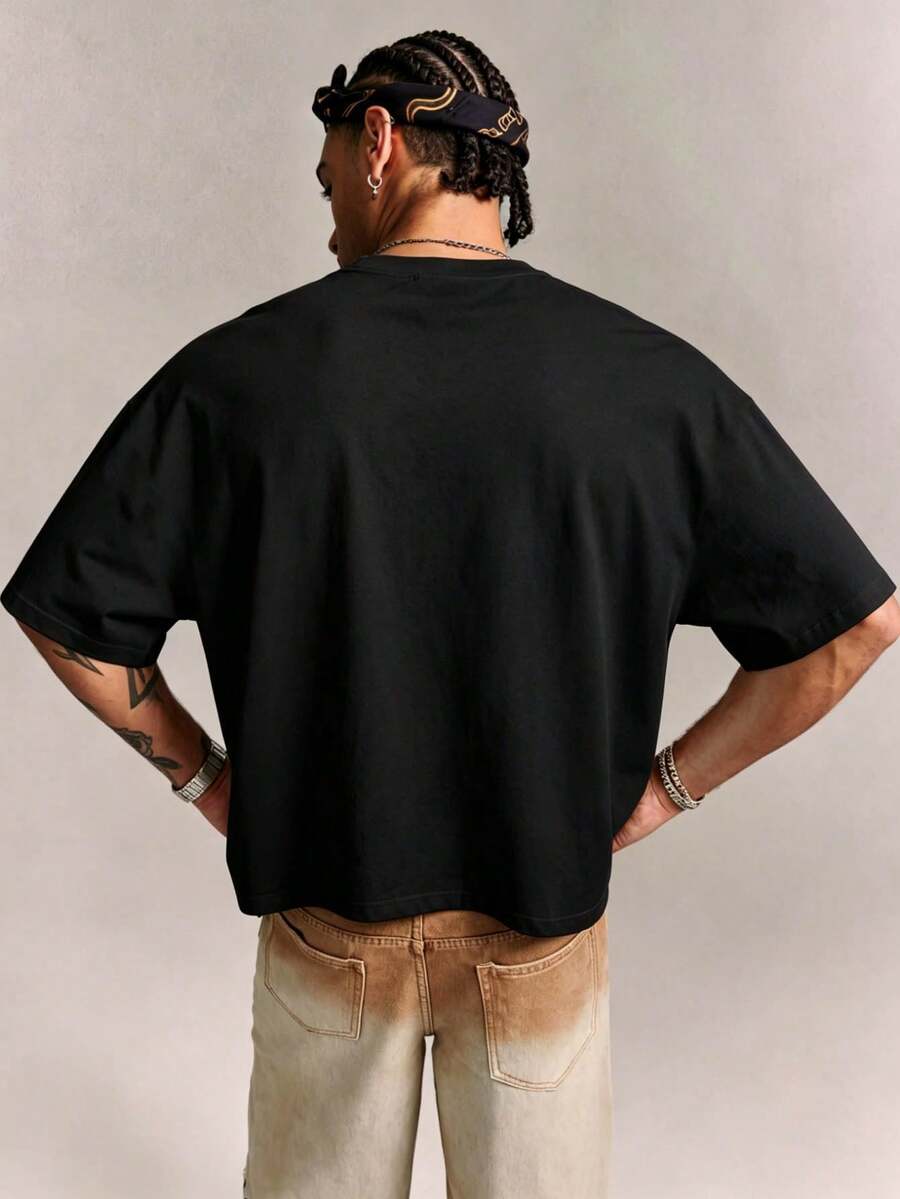 Men's Short Sleeve Batwing T-Shirt, Vintage Street Style, Solid Color Versatile, Suitable For Daily Wear - Black - View 1