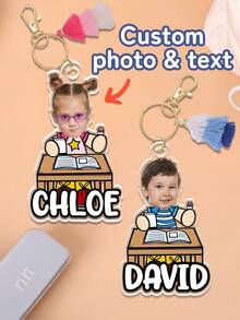1pc Personalized Custom Photo Text Acrylic Keychain,School Desk Kid Portrait Key Tag,Bag Accessory,Backpack Pendant,First Day Of School Gift - Multicolor - View 1