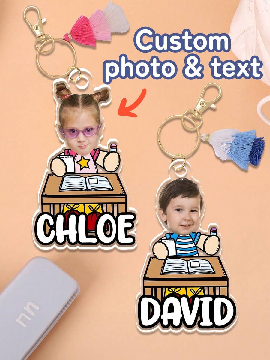 1pc Personalized Custom Photo Text Acrylic Keychain,School Desk Kid Portrait Key Tag,Bag Accessory,Backpack Pendant,First Day Of School Gift - Multicolor - View 1