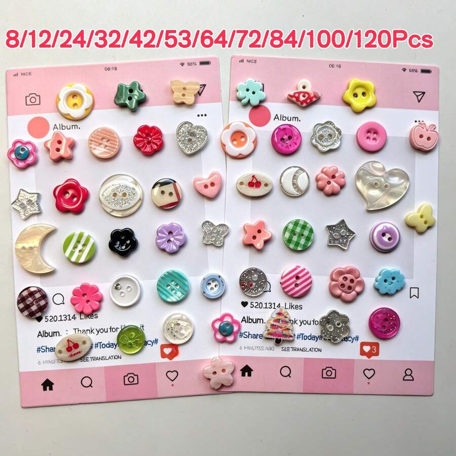 8/12/24/32/42/53/64/72/84/100/120Pcs Colorful Plastic Buttons, High Gloss Resin Buttons, Creative Casual Matching, Random Styles - A - View 1