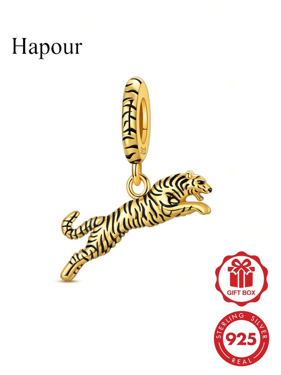 1pc Original 925 Sterling Silver Pendant Bead 18K Gold Plated Black Pattern Tiger Head Pendant Elegant Jewelry Gift Compatible With Original Bracelet & Necklace DIY - Gold - View 1
