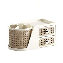 Retro Rattan Style Rotating Pen Holder With Drawers, Multi-Functional Desk Organizer For Stationery, Cosmetics & Small Accessories, Ideal For Office, Bedroom & Home Use - View 11