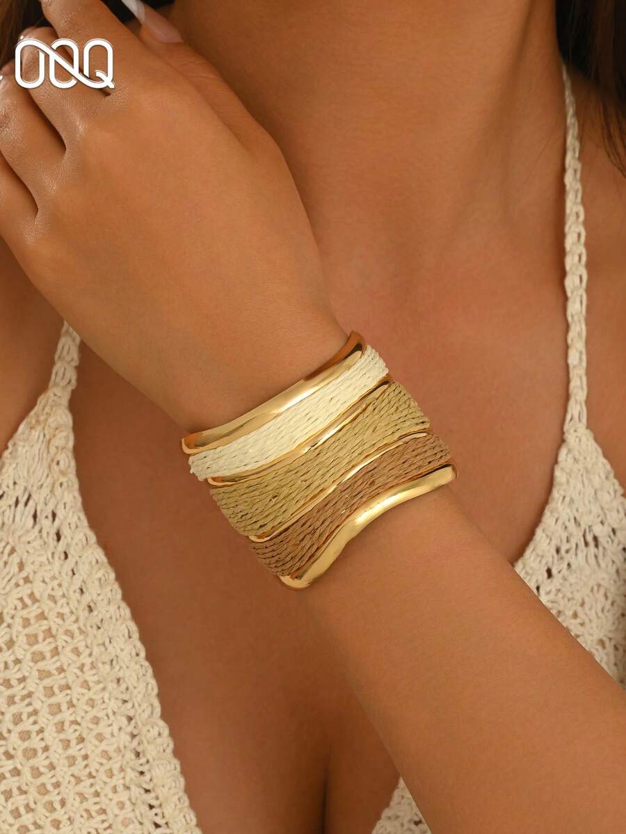 OOQ 1pc Vintage Minimalist Geometric Asymmetrical Handmade Straw Woven Colorblock Open Bangle Bracelet, Women's Fashion Elegant Fresh Ins Style Versatile Wristband, Suitable For Daily Wear, Commuting, Gatherings, Music Festivals, Parties - Gradient Medium Coffee - View 1