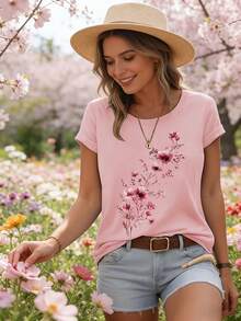 Elegant Watercolor Floral Print T-Shirt + Short Sleeves + Round Neck + Casual Spring And Summer Clothing For Women - 黑與白 - 查看 1