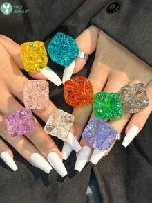 Bague en perle carrée asymétrique géométrique en résine, bague de doigt transparente couleur macaron Ins printemps/été - Multicolore A - Voir 1