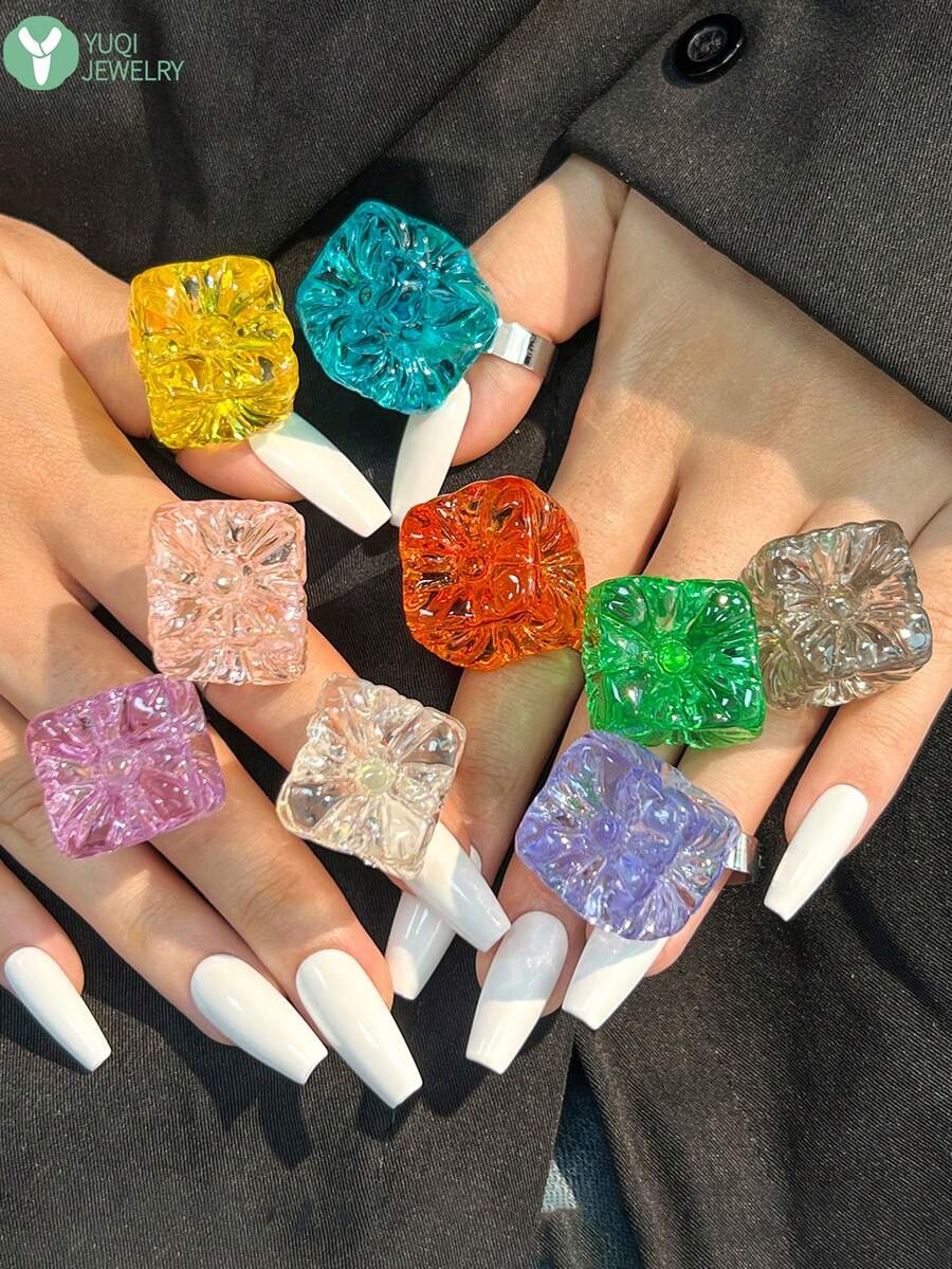 Bague en perle carrée asymétrique géométrique en résine, bague de doigt transparente couleur macaron Ins printemps/été - Multicolore A - Voir 1