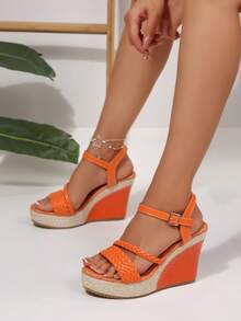 Women's Linen Wedge Platform Sandals, Summer Braided Strap With Stone Texture, Orange Buckle Strap Slide Sandals, Beach Vacation Style High Heels - Orange - View 5