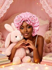 CONFLASS 1pc Women's Pink Printed Satin Sleep Bonnet With Long Ties, Butterfly & Floral Print, Elastic Wide Band Hair Wrap, Suitable For Sleep And Styling, Anti-Frizz, Fits Long Braids And Dreadlocks - Multicolor - View 12