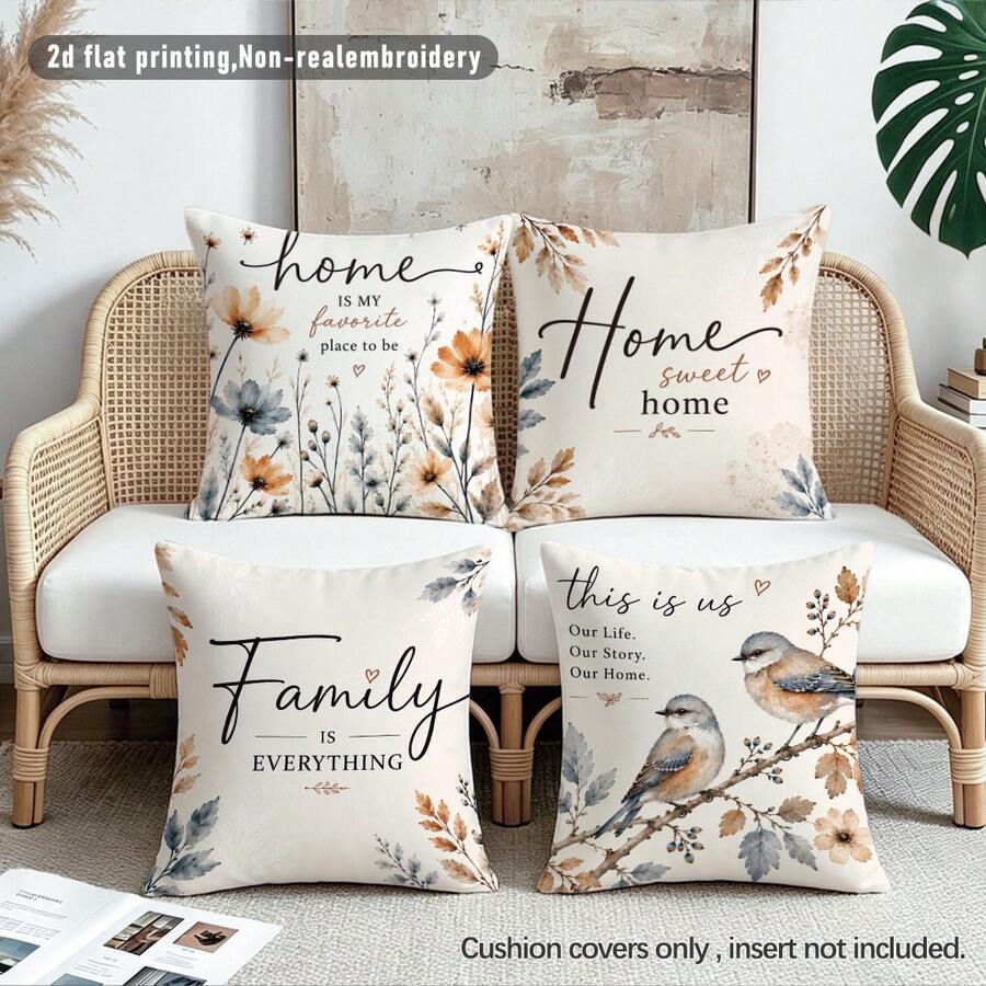 4 buc. huse de pernă decorative pentru canapea, albastru și maro, cu model floral cu păsări și text, imprimate pe o singură față, din material piele de piersică prietenos cu pielea, 45*45 cm, potrivite pentru casă, dormitor, living, petreceri și decor de sărbători, cadou, fără umplutură - Multicolor - Vizualizare 1