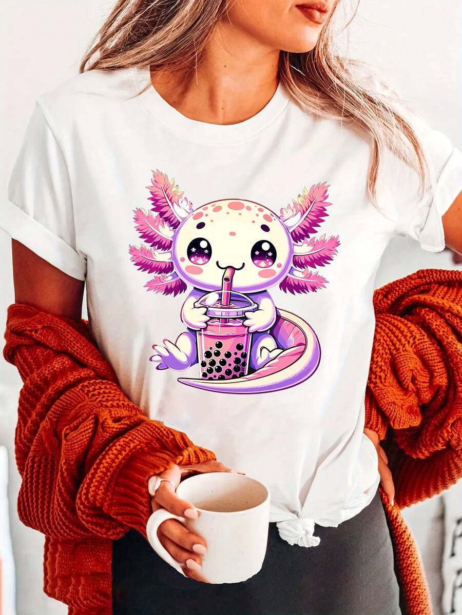 Vintage Lala-Q Anime Cute Kawaii Axolotl T-Shirt With Letter Print, Casual Short-Sleeved, Round-Neck Top For Summer And Spring, Women's Clothing, Summer Tops - 白色 - 查看 1