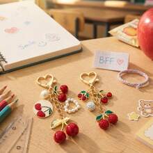 1pc Cherry Pearl Pendant, Gold Alloy Material, Enamel & Rhinestone Cherry Decor, Sweet Bag Charm, Graduation & Birthday Gift - Multicolor - View 3