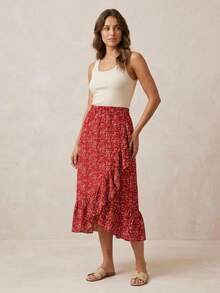 Women's Vacation Floral Patchwork Ruffle Hem Fashionable Skirt - Red - View 4