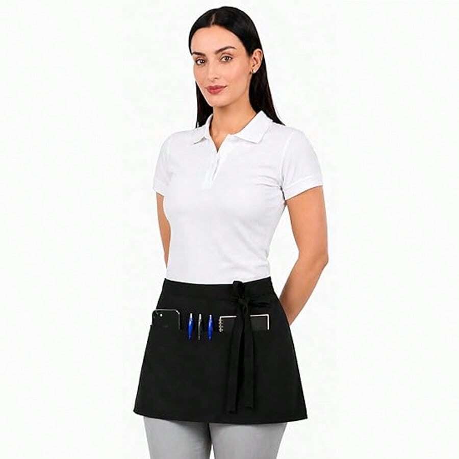1件腰圍圍裙 附3個口袋 - 黑色女服務員短圍裙 - 黑/白 - 彩色 - 查看 1