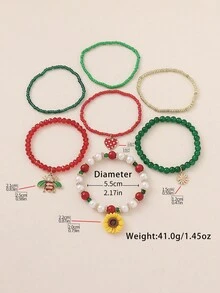 Juego de 7 pulseras elásticas de cuentas con colgantes de margarita, girasol, fresa y abeja, estilo bohemio pastoral de verano, personalizadas, versátiles, de moda, hechas a mano, perfectas como regalo para mujeres, adecuadas para bar, festival de música, fiesta grande, todas las estaciones, casual, ir al trabajo, vacaciones, compras, fotografía y uso diario - Girasol/Fresa - Ver 2
