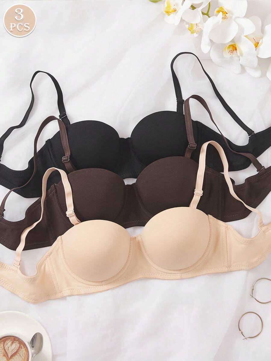 3件組女款舒適睡眠多色鋼圈軟半罩杯純色棉質聚攏內衣 [專為平胸設計] - 彩色 - 查看 1