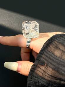 Bague en perle carrée asymétrique géométrique en résine, bague de doigt transparente couleur macaron Ins printemps/été - Multicolore A - Voir 5