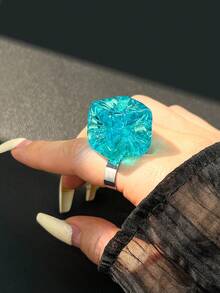 Bague en perle carrée asymétrique géométrique en résine, bague de doigt transparente couleur macaron Ins printemps/été - Multicolore A - Voir 12