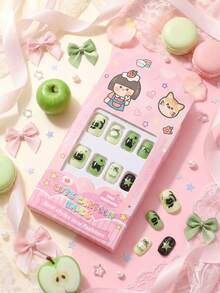 24pcs Y2K Style Children's Press-On Fake Nails, Green Apple + Cute Black Cat Theme Sweet & Cool Wearable Nails, Made Of Acrylic Material, Pre-Coated Gel, Full Coverage, Shiny Cute Patterns Including Green Apples, Fish Bones, Cute Kittens, Stars, Hearts And Other Small Decorations, Simple Yet Designed, Full Of Childhood Atmosphere. Full Coverage Small Nail Tips, Suitable For Girls' Gifts, Birthday Parties And Makeup Decoration - Multicolor - View 2