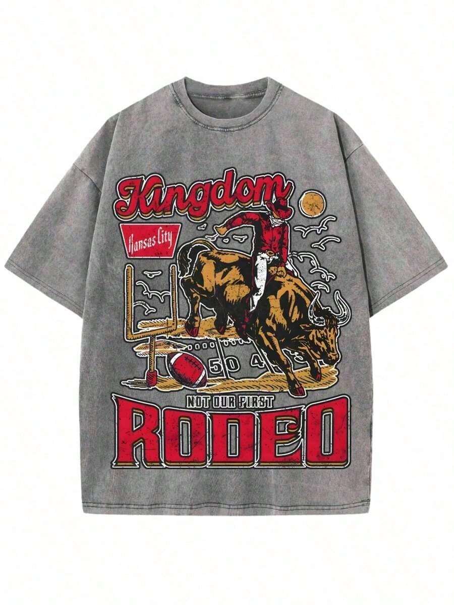 Cowboy Appeal: Becoming A Western Cowboy Is Something To Be Proud Of. This Modern 230g Washed Cotton T-Shirt Features A Casual Retro Western Cowboy Print. - 灰色 - 查看 1