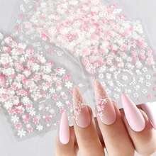 30pcs Colorful Nail Art Stickers, White And Pink Floral Pattern, 3D Self-Adhesive Nail Decals - 彩色 - 查看 4
