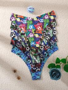 Set de 5 piezas | Tanga para mujer con estampado total de bloques de color estilo graffiti de fútbol callejero, corte ajustado sin costuras, tela suave como nube, lisa y ajustado, borde con dobladillo sin enrollar, esencial para el outfit diario de chica con estilo personalizado - Multicolor - Ver 4