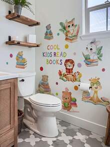 1pc Cute Cartoon Forest Animals Rabbit Kitten Lion Giraffe Bear Reading Wall Decor Sticker, Removable Wall Decal For Bedroom Living Room Study Room - 1PC - View 3