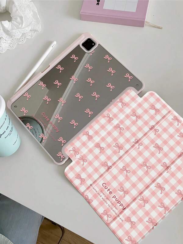 1pc Minimalist Plaid Bow Pink Mirror Double-Sided Painted Acrylic Transparent Crystal Back Cover, Shockproof And Durable, Compatible With IPad 7th, 8th (10.2 Inch) And 10th Generation. It Features A Built-In Pen Slot, Supports Sleep/Wake Function And Multiple Folding Stand Modes, Making It An Excellent Holiday Gift.