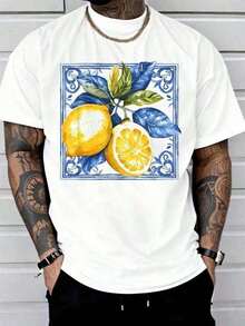 Men's 100% Cotton T-Shirt With Italian Mediterranean Blue Lemon Print, Y2K Style, Oversized Shirt For Men, Summer T-Shirts, Streetwear, Men's Shirts - 黑色 - 查看 1