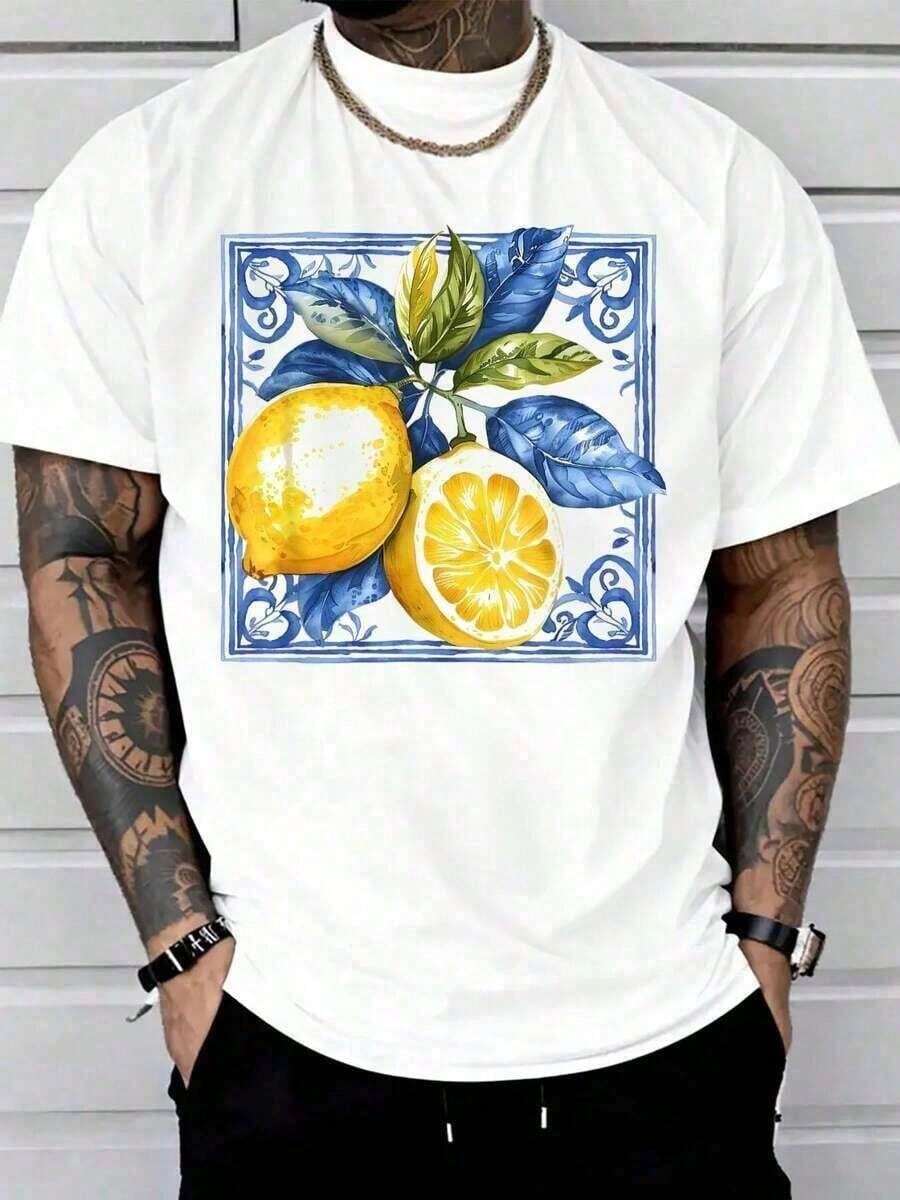 Men's 100% Cotton T-Shirt With Italian Mediterranean Blue Lemon Print, Y2K Style, Oversized Shirt For Men, Summer T-Shirts, Streetwear, Men's Shirts - 黑色 - 查看 1