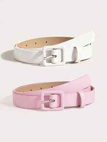 Women's Cute Small PU Buckle Simple Pink Belt - White + Pink - View 15