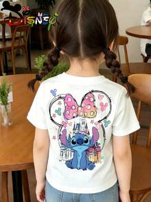 Disney Lilo & Stitch Kids Double-Sided T-Shirt, Watercolor Stitch With Disney Castle & Minnie Bow Graphic Tee, White Short Sleeve For Girls - White - View 3