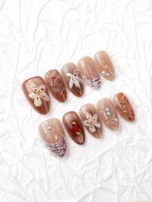 10 buah Kuku Tempel Pendek Berbentuk Almond Buatan Tangan, Kuku Palsu Glitter Pink Nude Motif Pantai Laut, Stiker Kuku 3D Berbentuk Bintang Laut, Cangkang, Mutiara, Manik Emas, Mengkilap, Dapat Digunakan Kembali, Cocok untuk Pemakaian Sehari-hari di Musim Panas - MultiWarna - View 2
