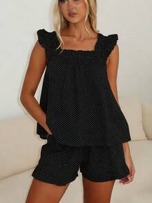 Women Summer Pajama Set Solid Flying Sleeve Tank Tops And Ruffle Shorts 2 Piece Casual Lounge Outfit - Black and White - View 4
