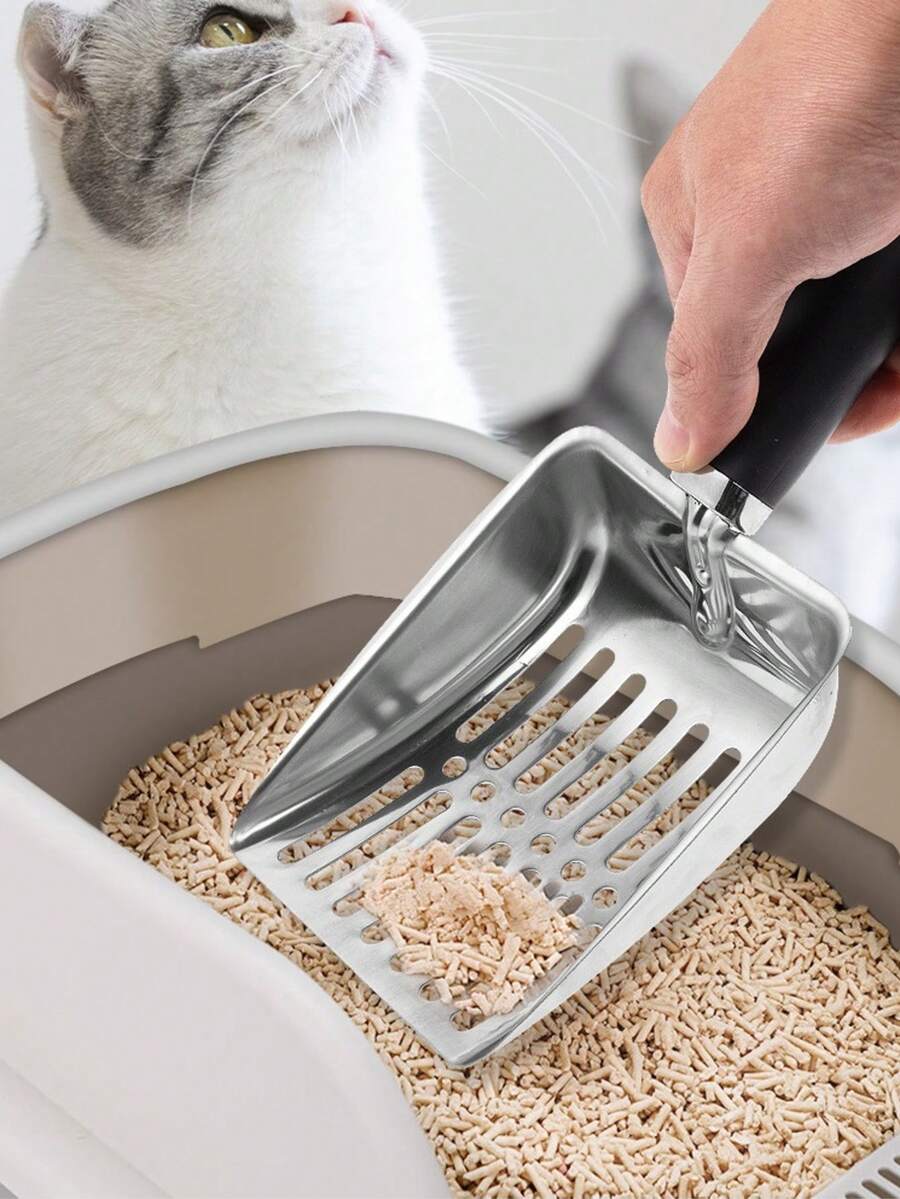 1pc Stainless Steel Cat Litter Scoop With Long Handle - Efficient Sand-Draining Design, Pet Cleaning Accessories: Perforated Cat Litter Scoop With Non-Slip Grip Design. This Quick-Filter Cat Litter Scoop Features A Hollow Mesh Design For Easy - Multicolor - View 1
