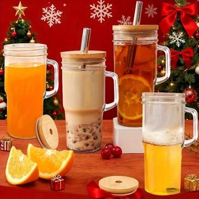 1pc 23.9oz Glass Cup With Handle, Stainless Steel Straw With Bamboo Lid And Handle, Mason Jar, Milk Tea Cup, Car Iced Drink Cup, Suitable For Beverages, Elegant Gift, Party Cup, Christmas Event Gift (Includes Cleaning Brush)