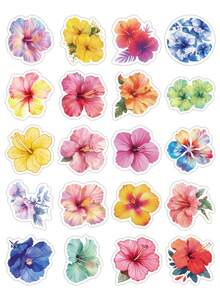 50Pcs Watercolor Tropical Hibiscus Flower Stickers, Vibrant Multicolor Hawaiian Floral Decals For Water Bottle, Laptop, Luggage & Junk Journal DIY Decor - Multicolor - View 6