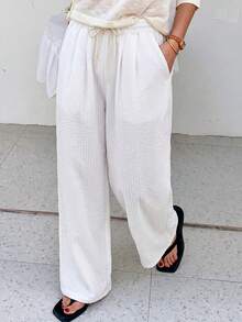 Pantalones holgados de cintura alta con rayas y pierna ancha, cintura con cordón, versátiles (patrón de rayas aleatorio) blanco - Blanco - Ver 9